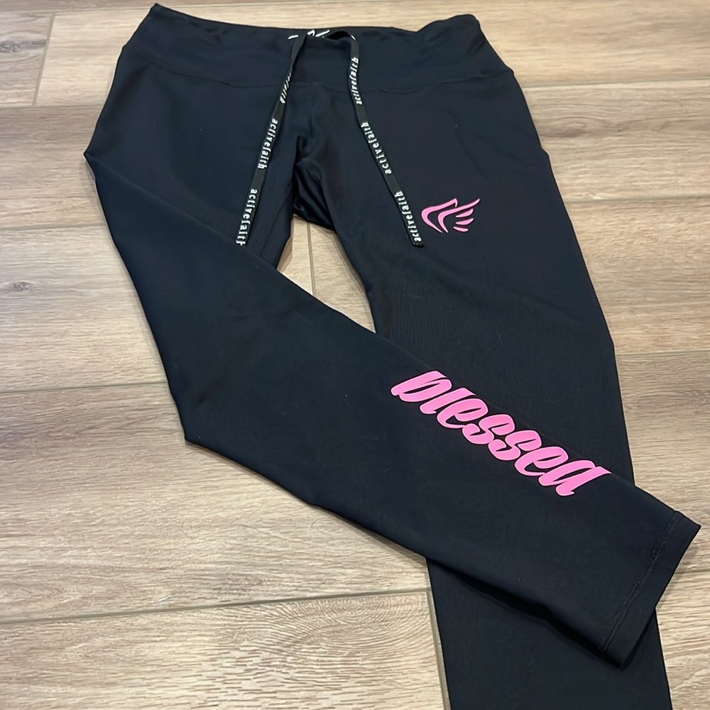 Active Faith Black and Pink Workout Leggings Size M “Blessed”